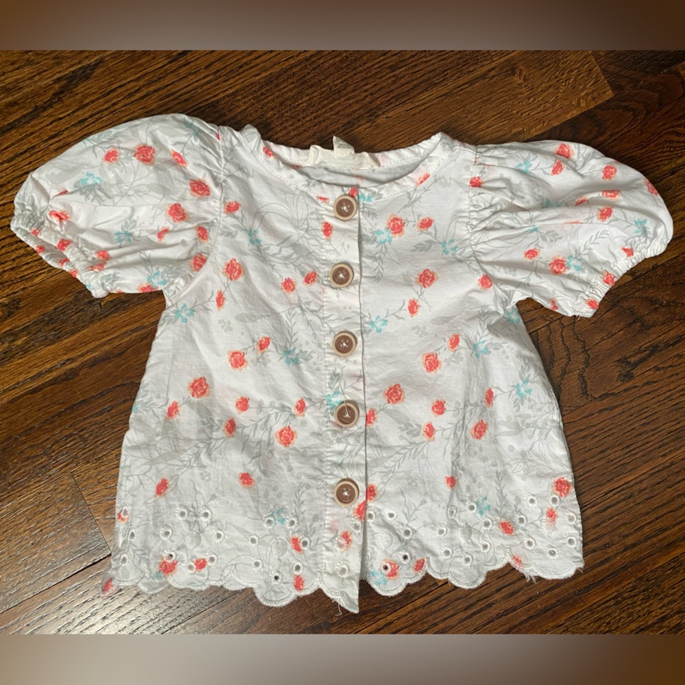 baby girl 12m top toddler Floral Button-Up Kids shirt 100% cotton puff sleeve